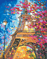 Eiffel Tower viewed from below in bright blue, orange and pink