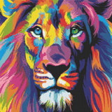 Colourful Lion artwork shown as a completed diamond painting preview