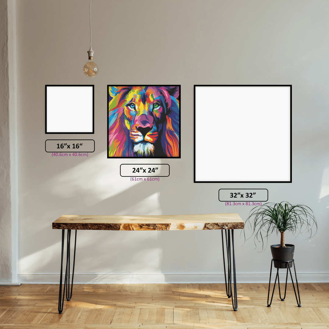 Colourful Lion diamond painting displayed in a room setting