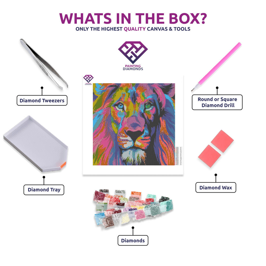 Colourful Lion diamond painting kit contents shown together