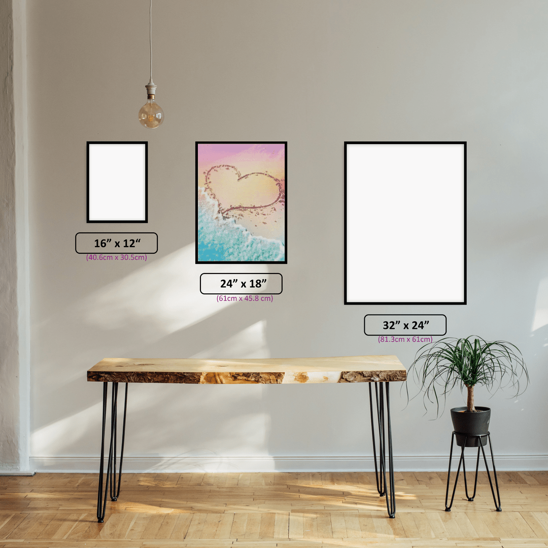 Colourful Love Beach diamond painting displayed in a room setting