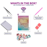 Colourful Love Beach diamond painting kit contents shown together