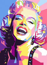 Expressive pink, yellow and blue portrait with a tilted head and open mouth