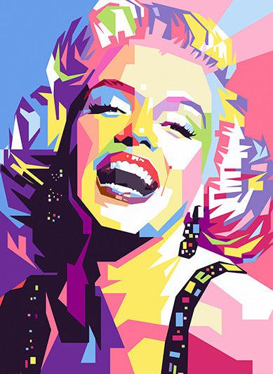 Expressive pink, yellow and blue portrait with a tilted head and open mouth