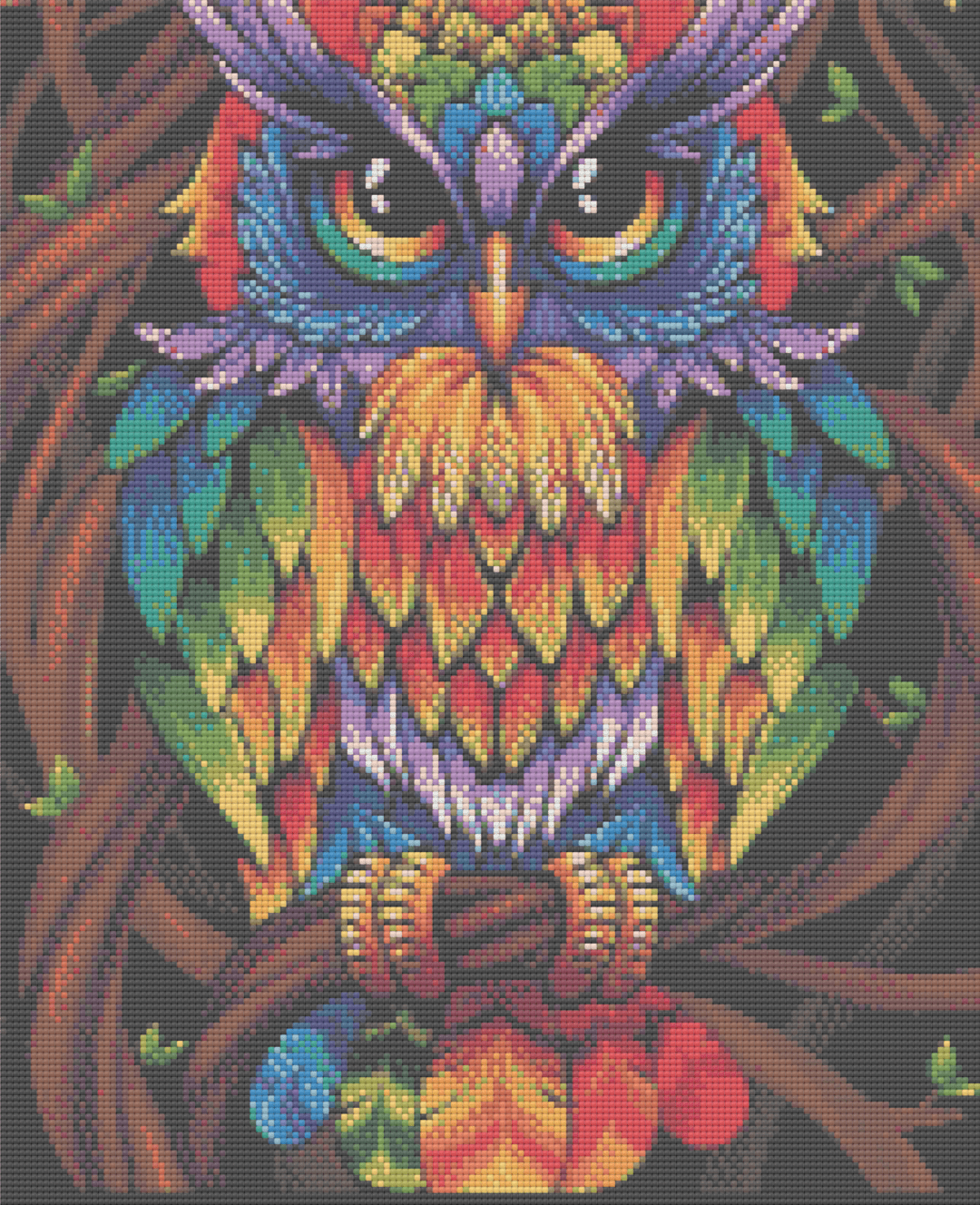 Colourful Owl artwork shown as a completed diamond painting preview