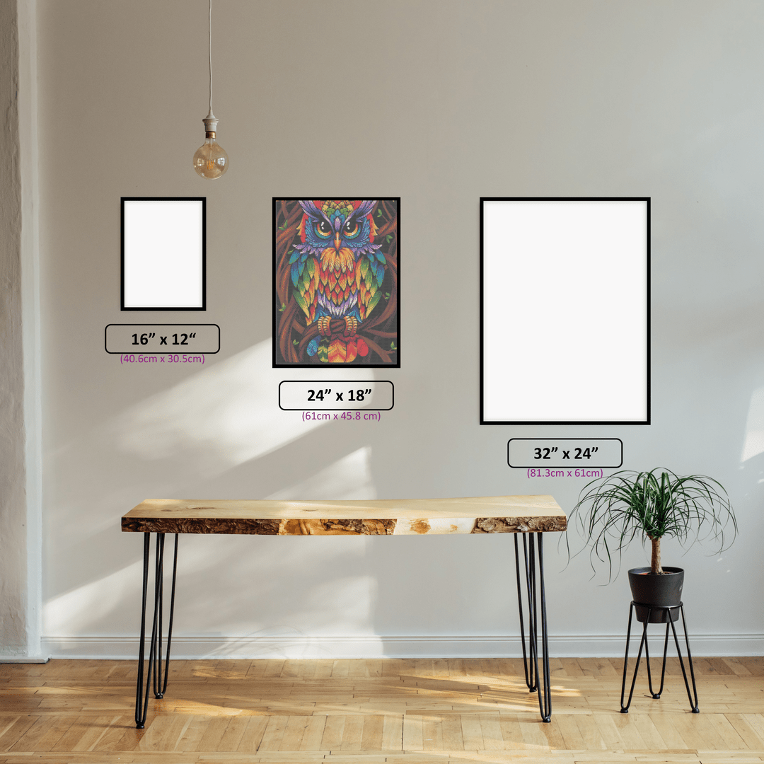 Colourful Owl diamond painting displayed in a room setting
