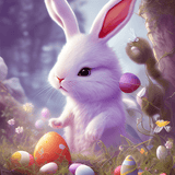 large white rabbit is upright in left-facing profile