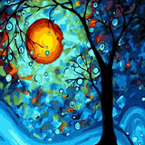 Black branching tree silhouette against glowing blue, cyan and green lights