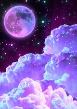 Large glowing purple-pink moon in stylized celestial scene beneath dark purple and black star-filled sky