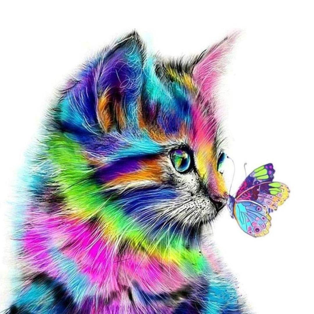 Colourful kitten in turquoise, blue and purple illustrated detail