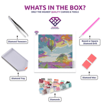 Lavender Fields diamond painting kit contents shown together