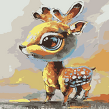 Illustrated young deer standing in profile with its head turned back