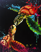 Two brightly patterned turtles facing each other in red, green and cyan