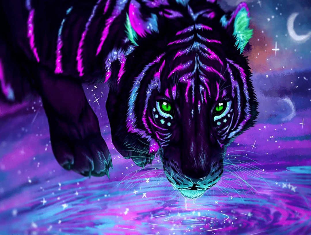 Dark tiger with bright green eyes and a raised paw amid purple and cyan colours