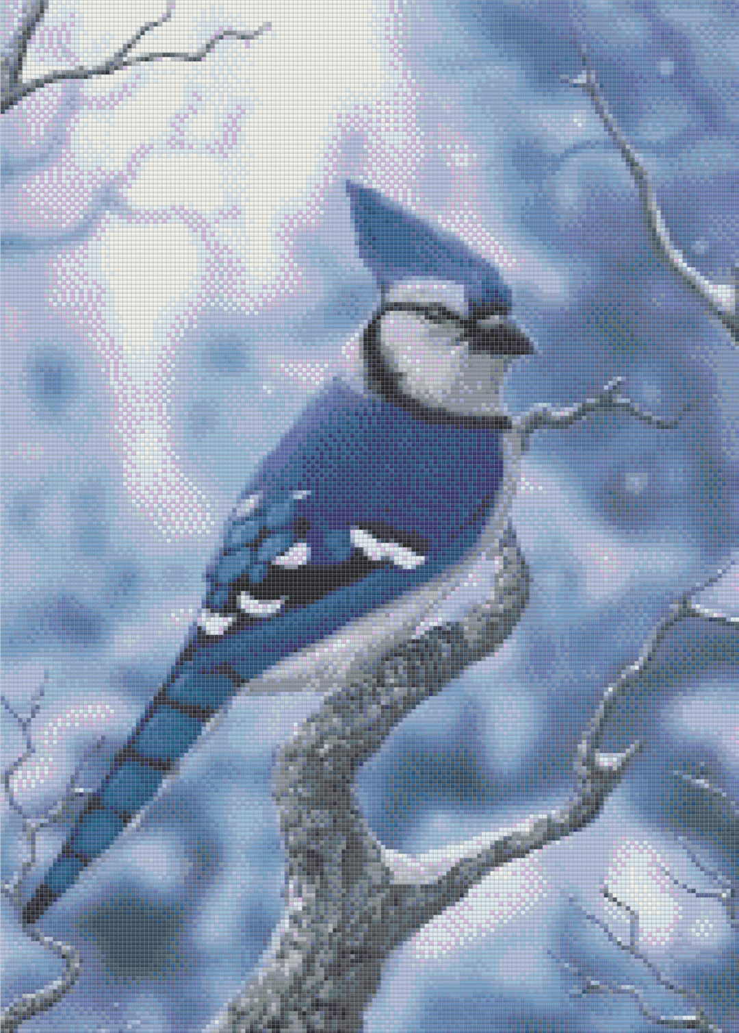 Snow-Kissed Blue Jay artwork shown as a completed diamond painting preview