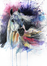 Horse portrait with upright ears and a flowing blue, purple and pink mane