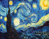 Swirling blue night sky with bright yellow and white stars
