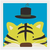 Yellow cartoon tiger with black stripes and a black top hat against a turquoise background