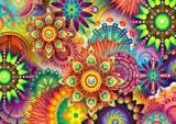 Colourful floral and geometric patterns in turquoise, orange and magenta